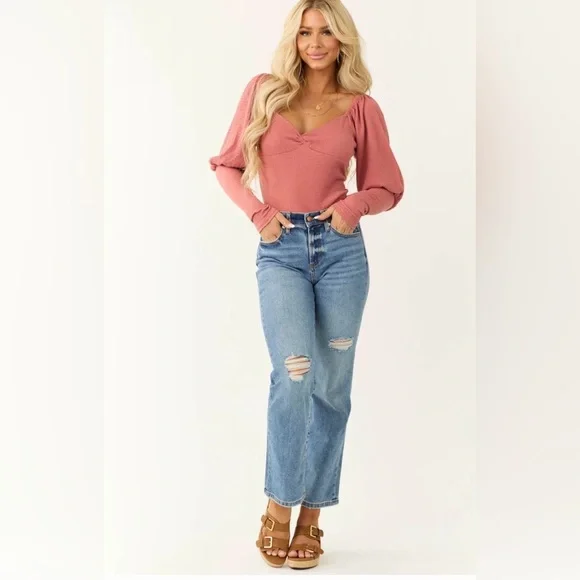 Promesa Hibiscus Smocked Sweetheart Twist Neck Bodysuit - Picture 3 of 8